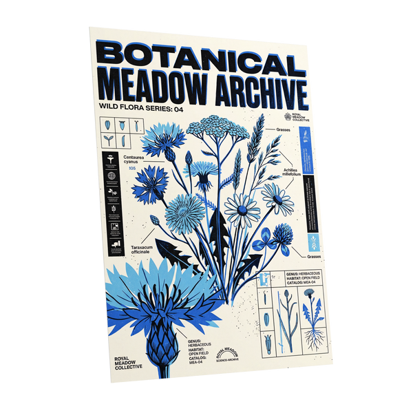Blue Meadow Archive, blue, black, beige floral wall art shown as a unframed poster wall art print