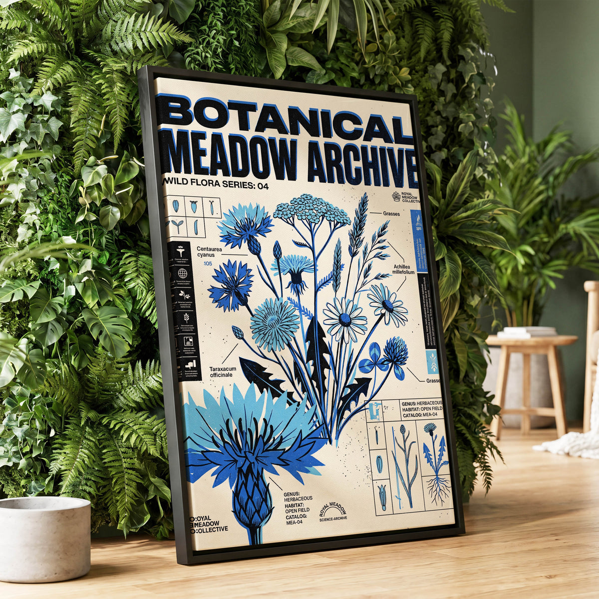Blue Meadow Archive, blue, black, beige floral wall art displayed in a styled interior, gallery view 1