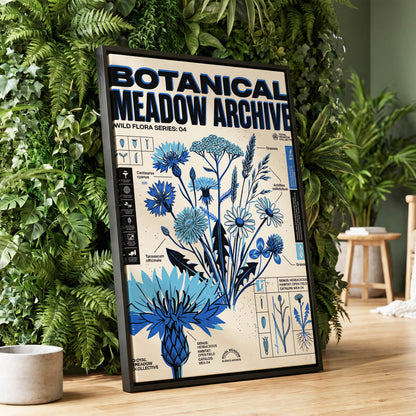 Blue Meadow Archive, blue, black, beige floral wall art displayed in a styled interior, gallery view 1