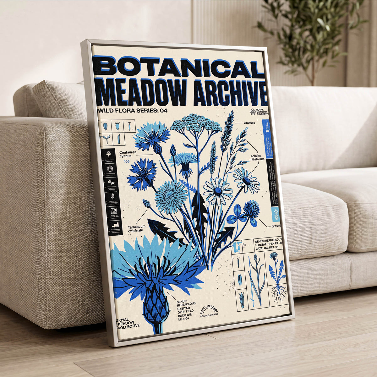 Blue Meadow Archive, blue, black, beige floral wall art displayed in a styled interior, gallery view 2