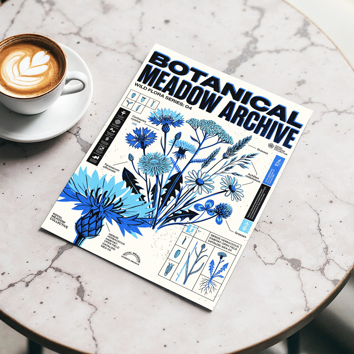 Blue Meadow Archive, blue, black, beige floral wall art displayed in a styled interior, gallery view 3