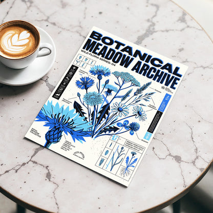 Blue Meadow Archive, blue, black, beige floral wall art displayed in a styled interior, gallery view 3