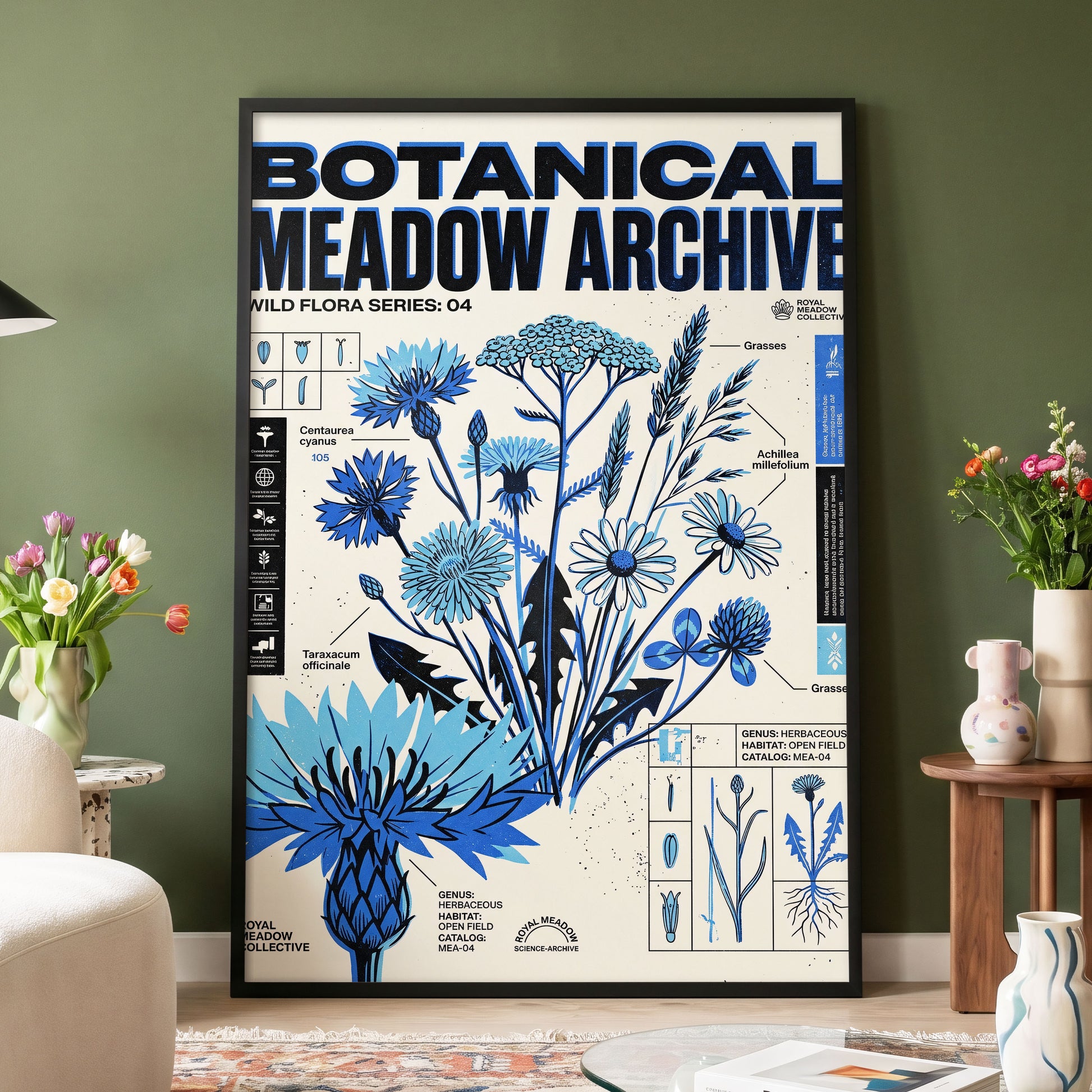 Blue Meadow Archive, blue, black, beige floral wall art displayed in a styled interior, gallery view 4