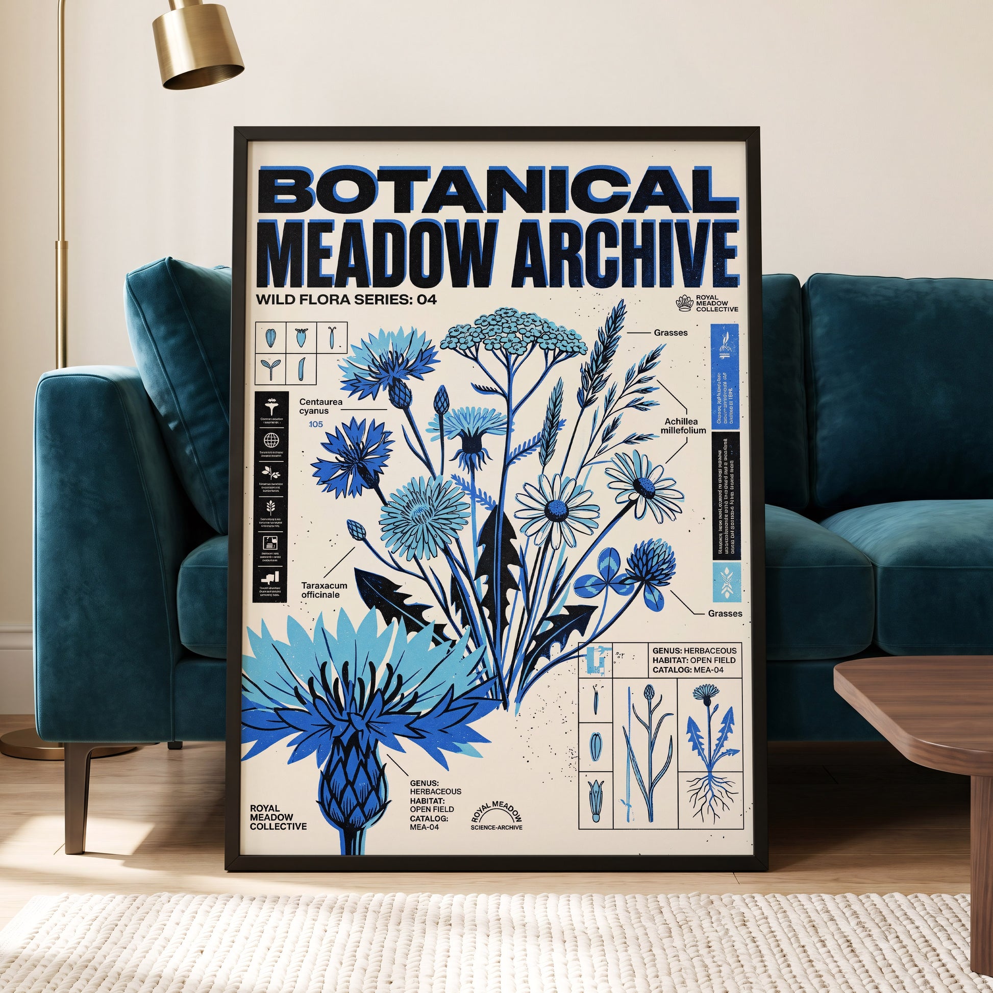 Blue Meadow Archive, blue, black, beige floral wall art displayed in a styled interior, gallery view 6