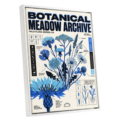 Blue Meadow Archive, blue, black, beige floral wall art shown as a white framed canvas wall art