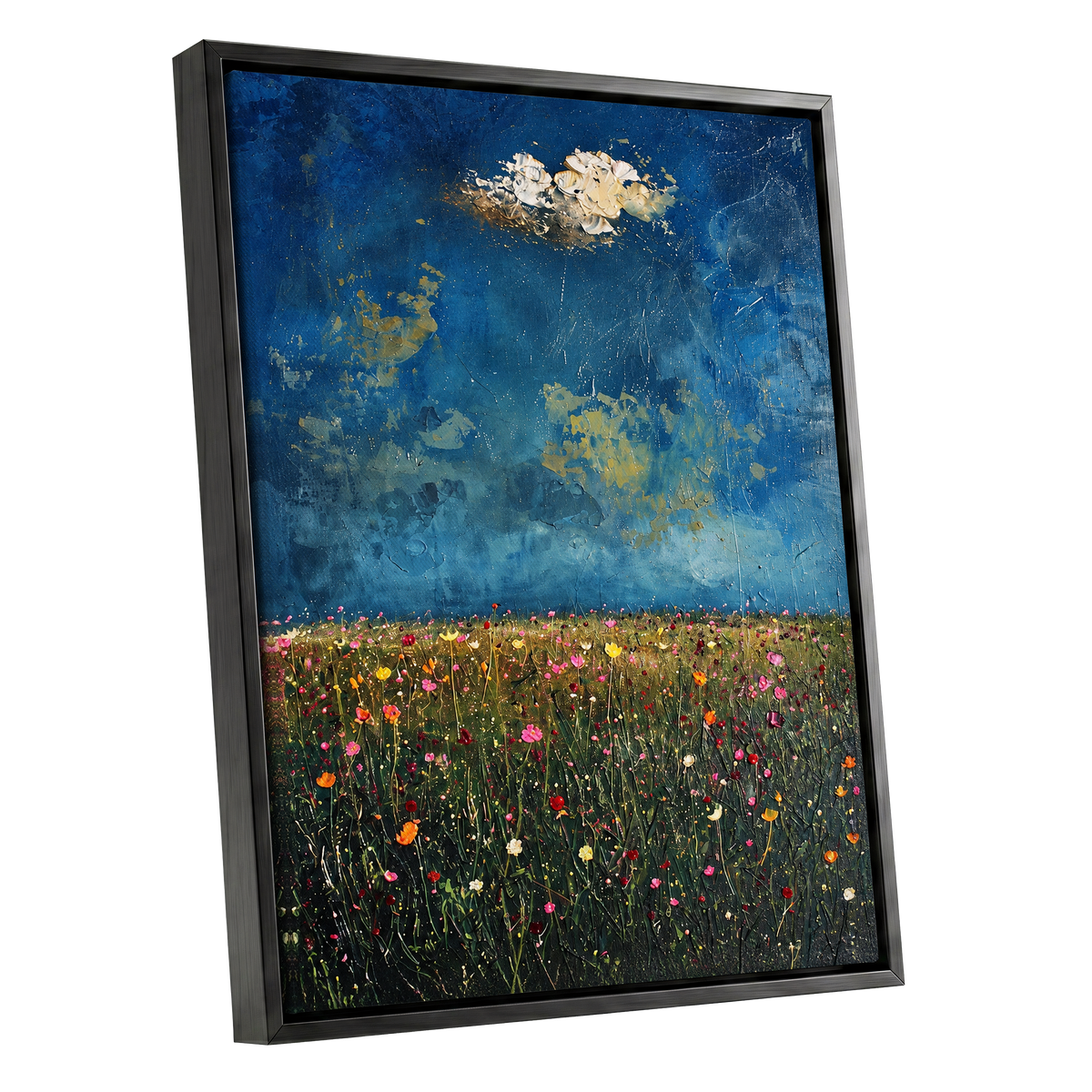 Blue Meadow Reverie, blue, green, pink floral wall art shown as a black framed canvas wall art