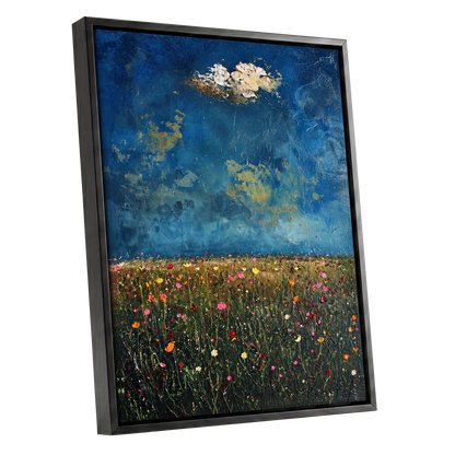 Blue Meadow Reverie, blue, green, pink floral wall art shown as a black framed canvas wall art