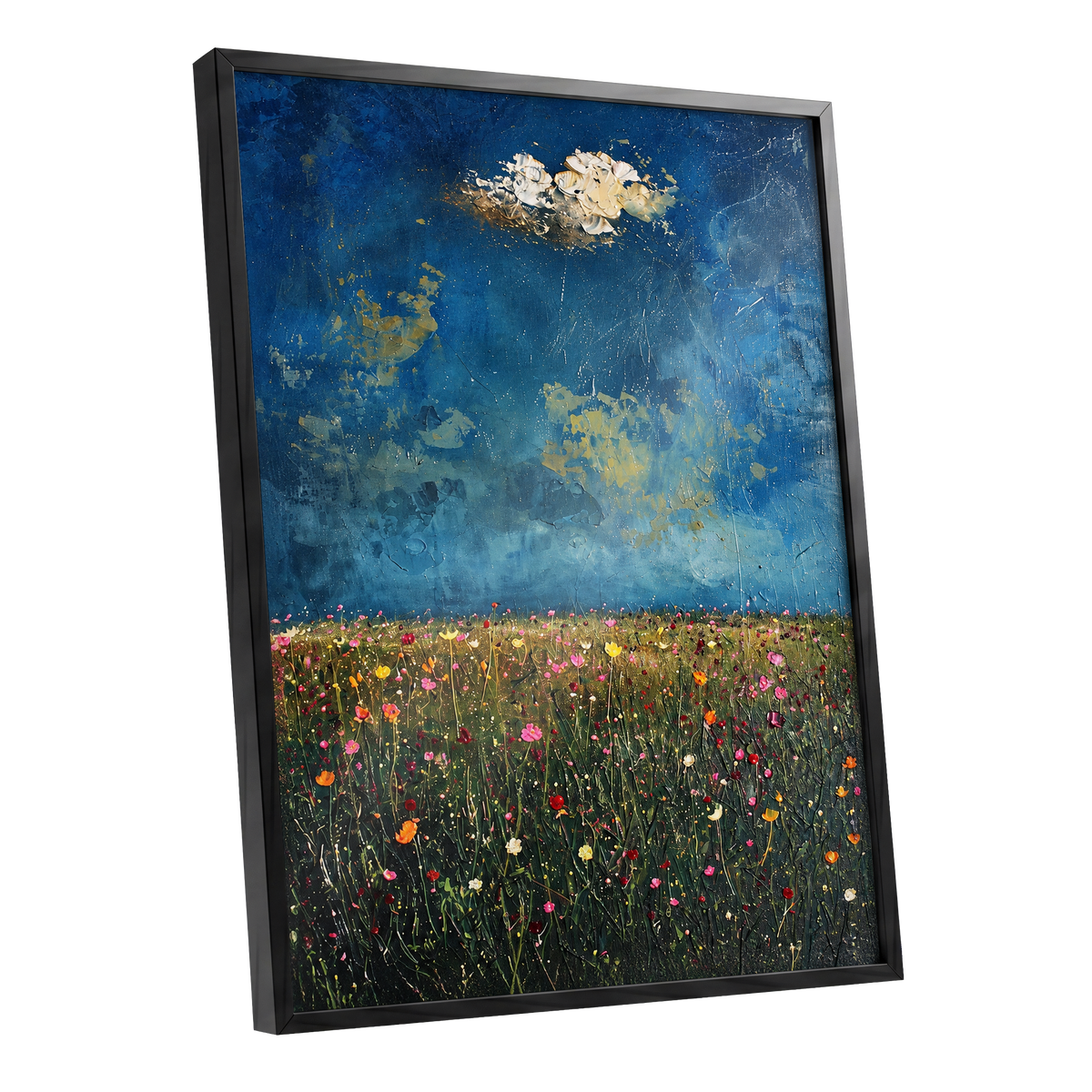Blue Meadow Reverie, blue, green, pink floral wall art shown as a black framed poster wall art print