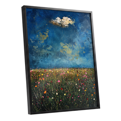 Blue Meadow Reverie, blue, green, pink floral wall art shown as a black framed poster wall art print