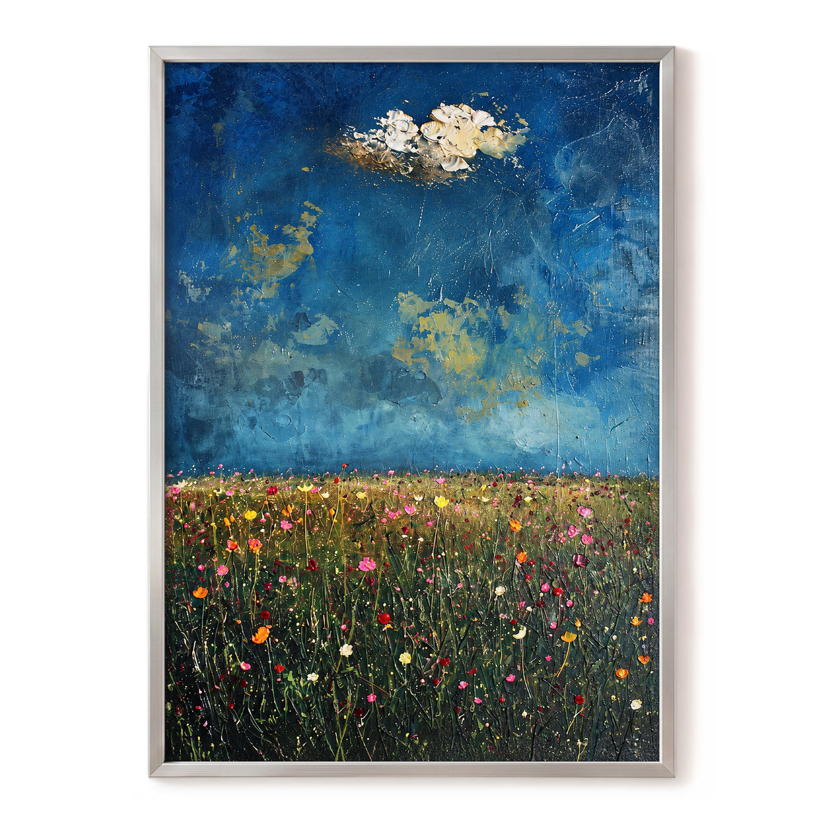 Blue Meadow Reverie, blue, green, pink floral wall art, front artwork view