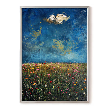 Blue Meadow Reverie, blue, green, pink floral wall art, front artwork view