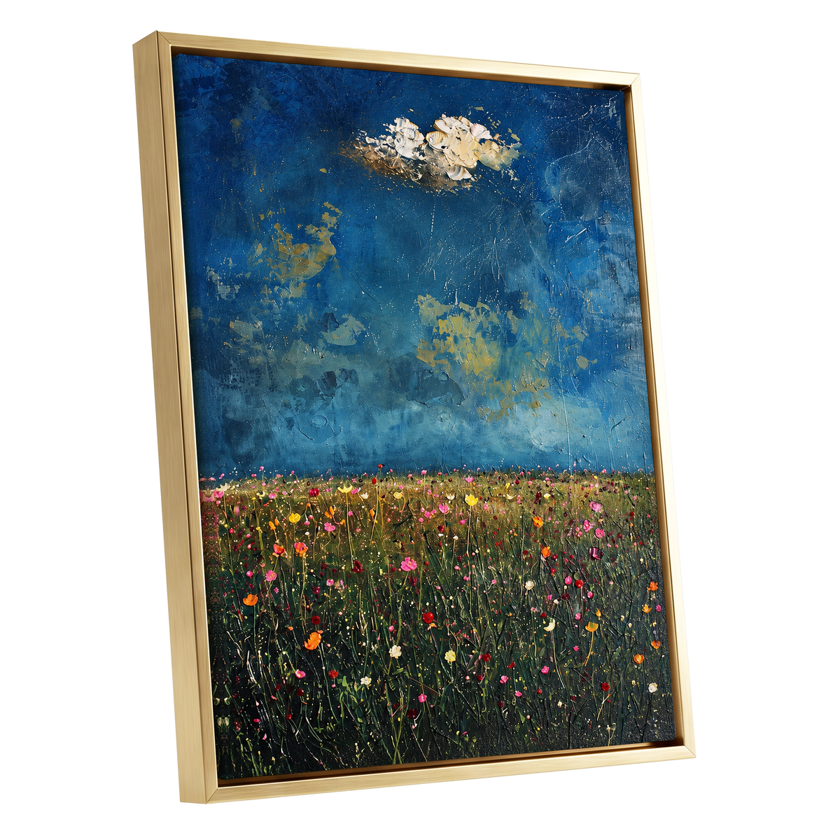 Blue Meadow Reverie, blue, green, pink floral wall art shown as a gold framed canvas wall art