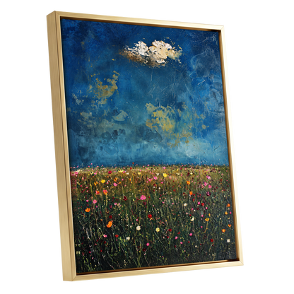 Blue Meadow Reverie, blue, green, pink floral wall art shown as a gold framed canvas wall art