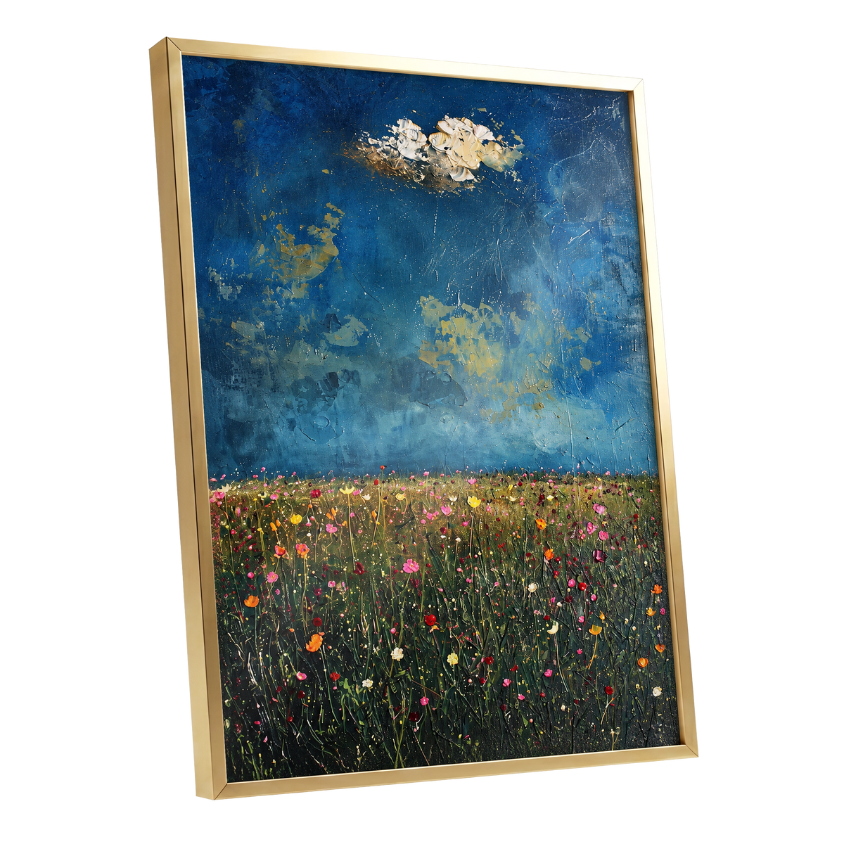 Blue Meadow Reverie, blue, green, pink floral wall art shown as a gold framed poster wall art print