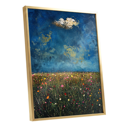 Blue Meadow Reverie, blue, green, pink floral wall art shown as a gold framed poster wall art print