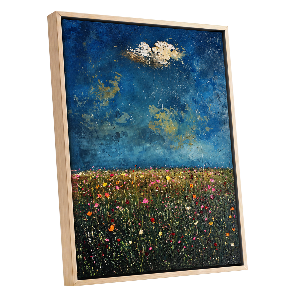 Blue Meadow Reverie, blue, green, pink floral wall art shown as a oak framed canvas wall art