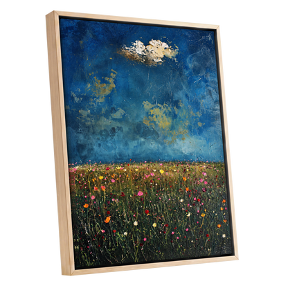 Blue Meadow Reverie, blue, green, pink floral wall art shown as a oak framed canvas wall art
