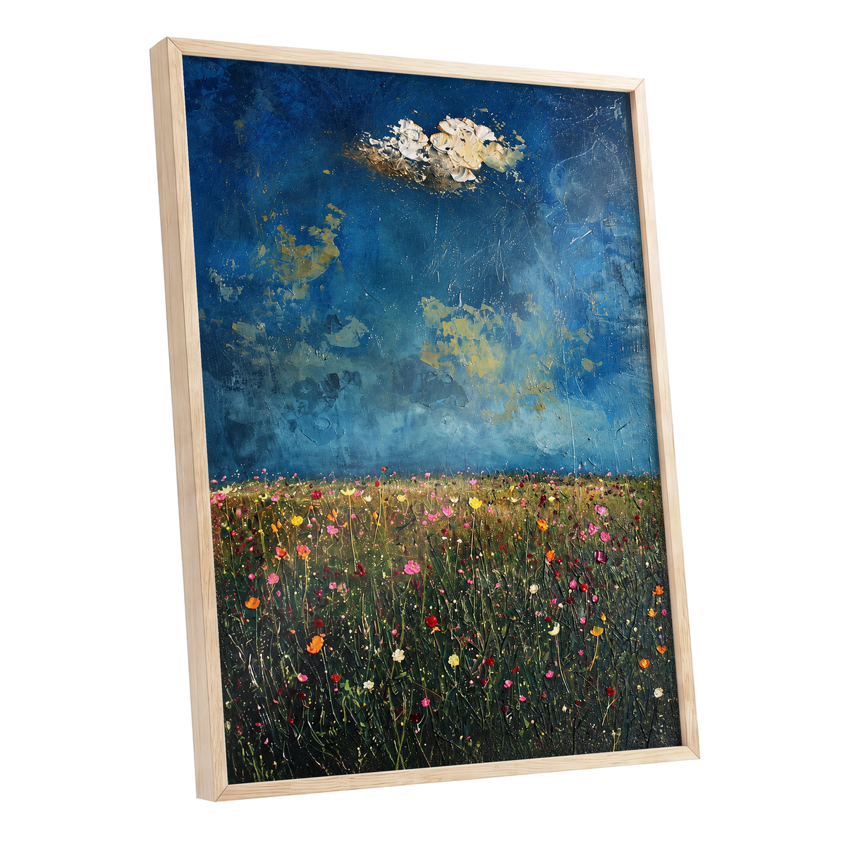 Blue Meadow Reverie, blue, green, pink floral wall art shown as a oak framed poster wall art print