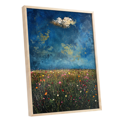 Blue Meadow Reverie, blue, green, pink floral wall art shown as a oak framed poster wall art print