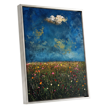Blue Meadow Reverie, blue, green, pink floral wall art shown as a silver framed canvas wall art