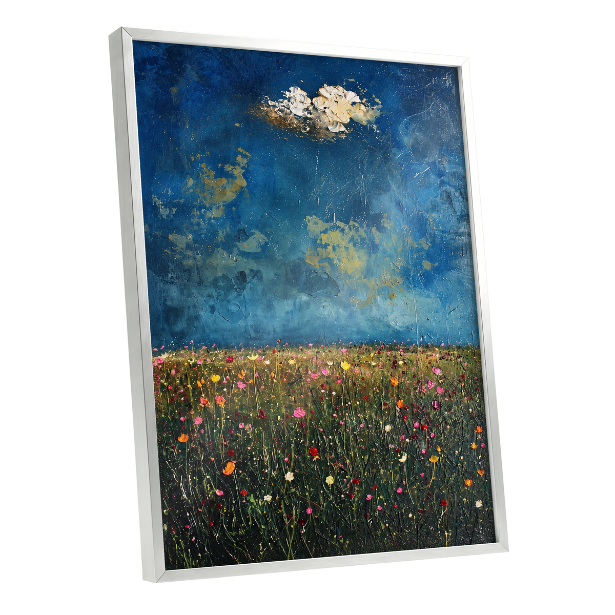 Blue Meadow Reverie, blue, green, pink floral wall art shown as a silver framed poster wall art print