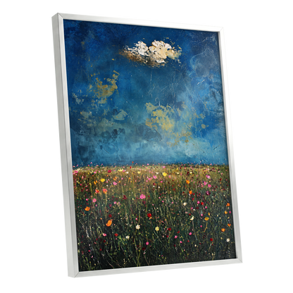 Blue Meadow Reverie, blue, green, pink floral wall art shown as a silver framed poster wall art print