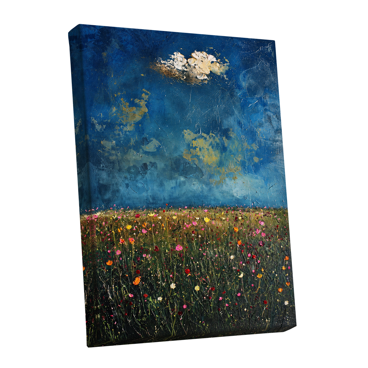 Blue Meadow Reverie, blue, green, pink floral wall art shown as a stretched canvas wall art