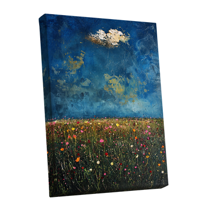 Blue Meadow Reverie, blue, green, pink floral wall art shown as a stretched canvas wall art