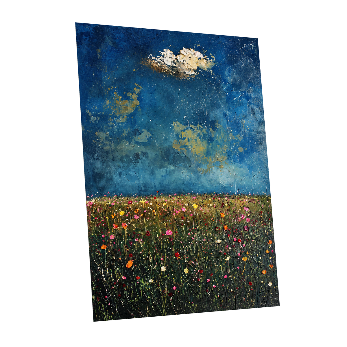 Blue Meadow Reverie, blue, green, pink floral wall art shown as a unframed poster wall art print