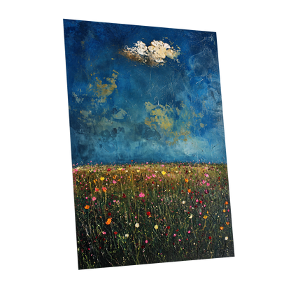 Blue Meadow Reverie, blue, green, pink floral wall art shown as a unframed poster wall art print