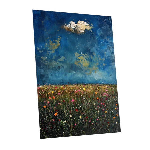 Blue Meadow Reverie, blue, green, pink floral wall art shown as a unframed poster wall art print