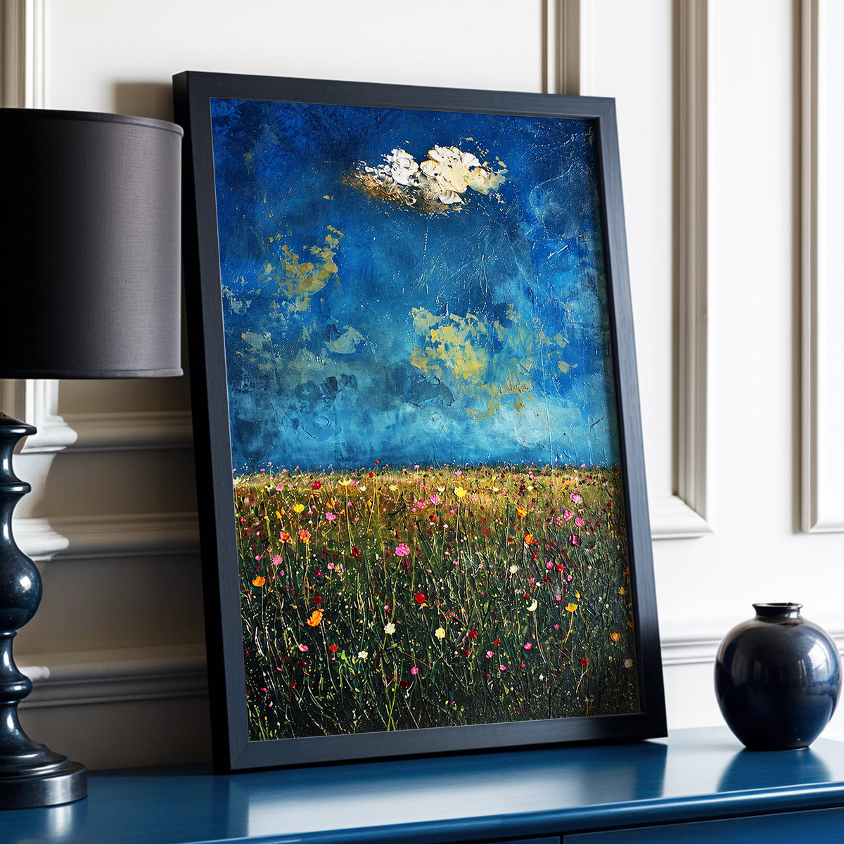 Blue Meadow Reverie, blue, green, pink floral wall art displayed in a styled interior, gallery view 2