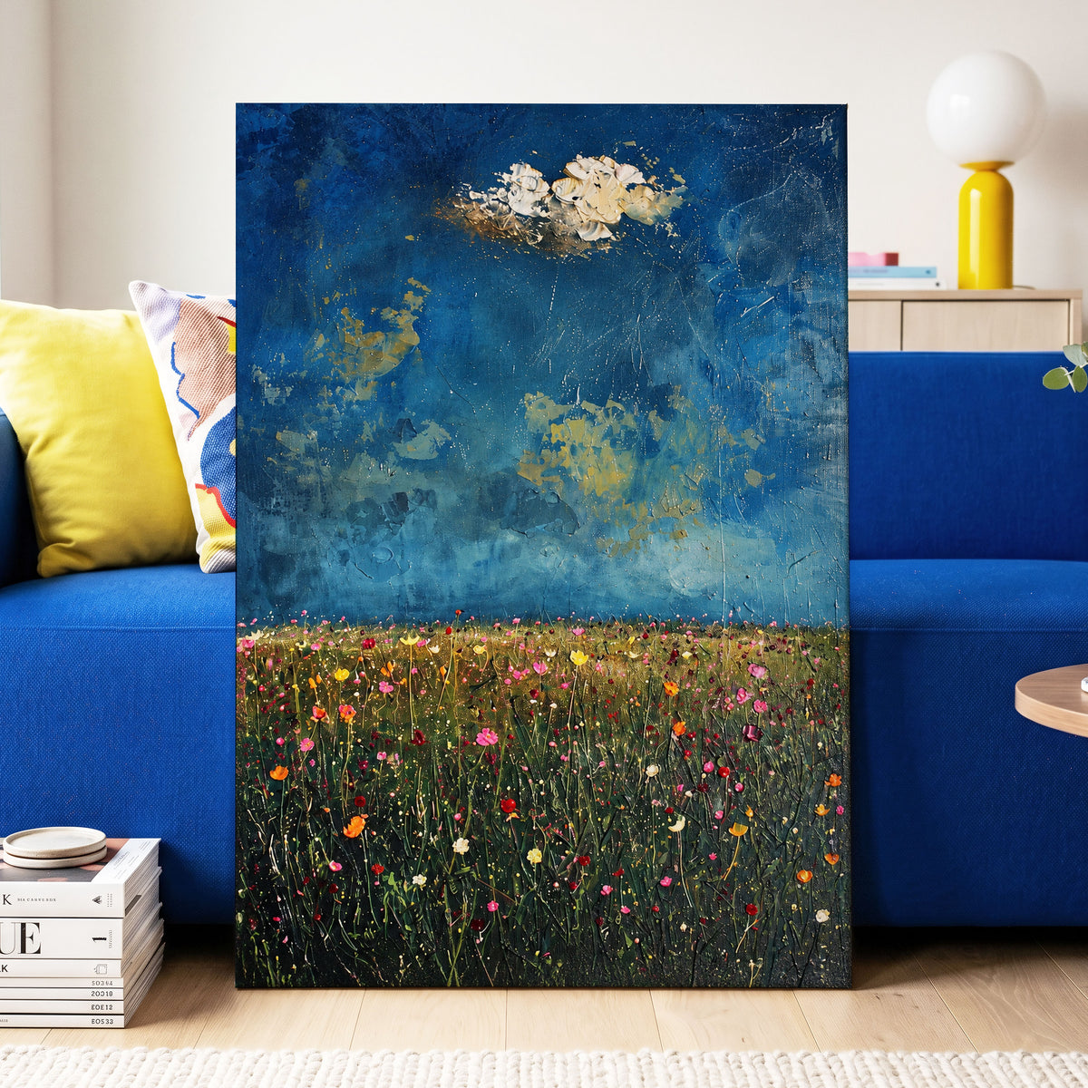 Blue Meadow Reverie, blue, green, pink floral wall art displayed in a styled interior, gallery view 3