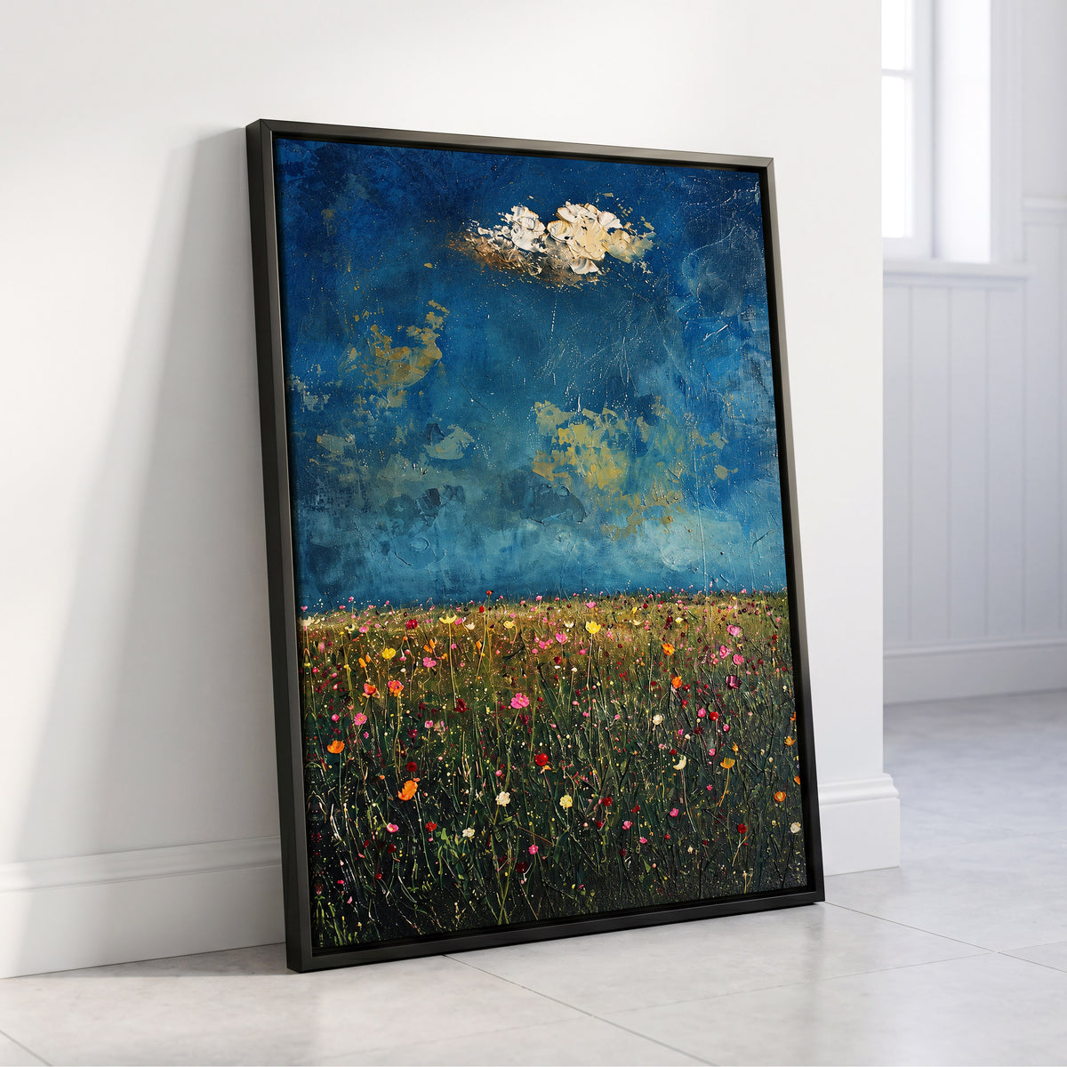 Blue Meadow Reverie, blue, green, pink floral wall art displayed in a styled interior, gallery view 4