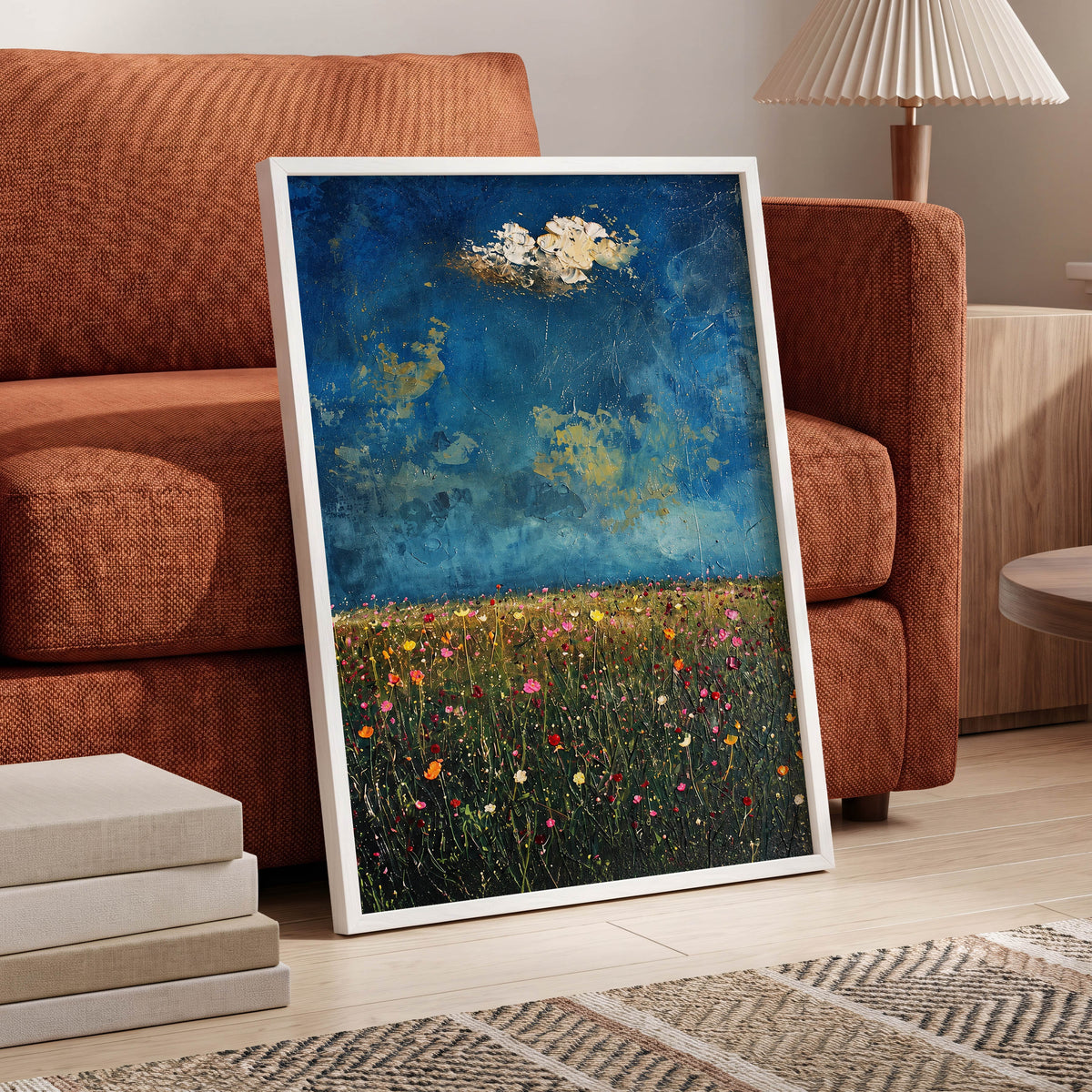Blue Meadow Reverie, blue, green, pink floral wall art displayed in a styled interior, gallery view 6