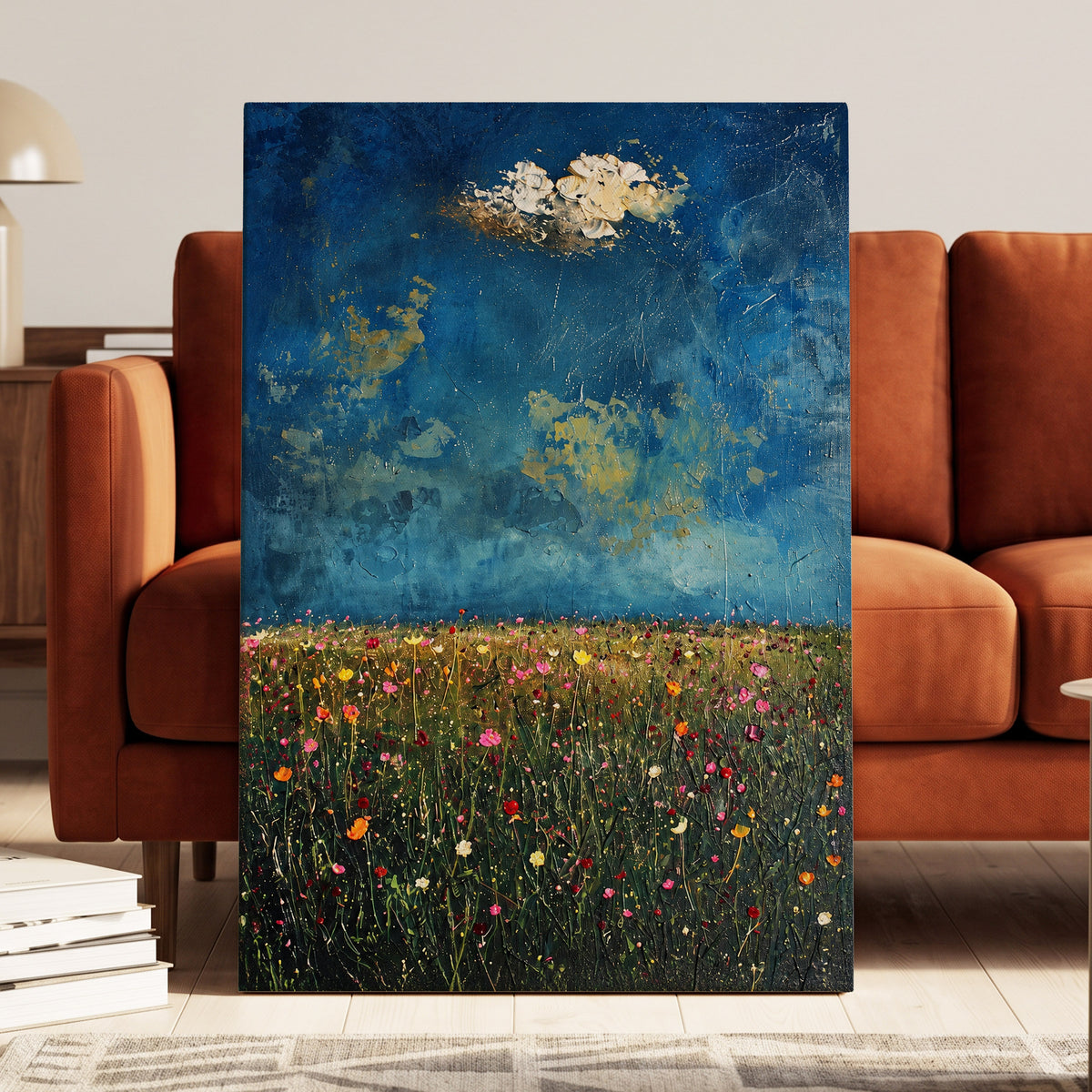 Blue Meadow Reverie, blue, green, pink floral wall art displayed in a styled interior, gallery view 7