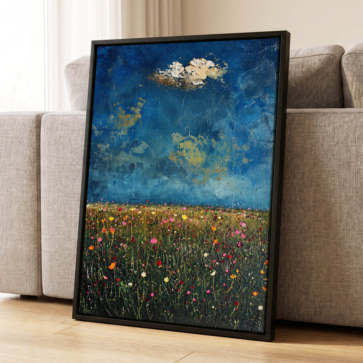 Blue Meadow Reverie, blue, green, pink floral wall art displayed in a styled interior, gallery view 8