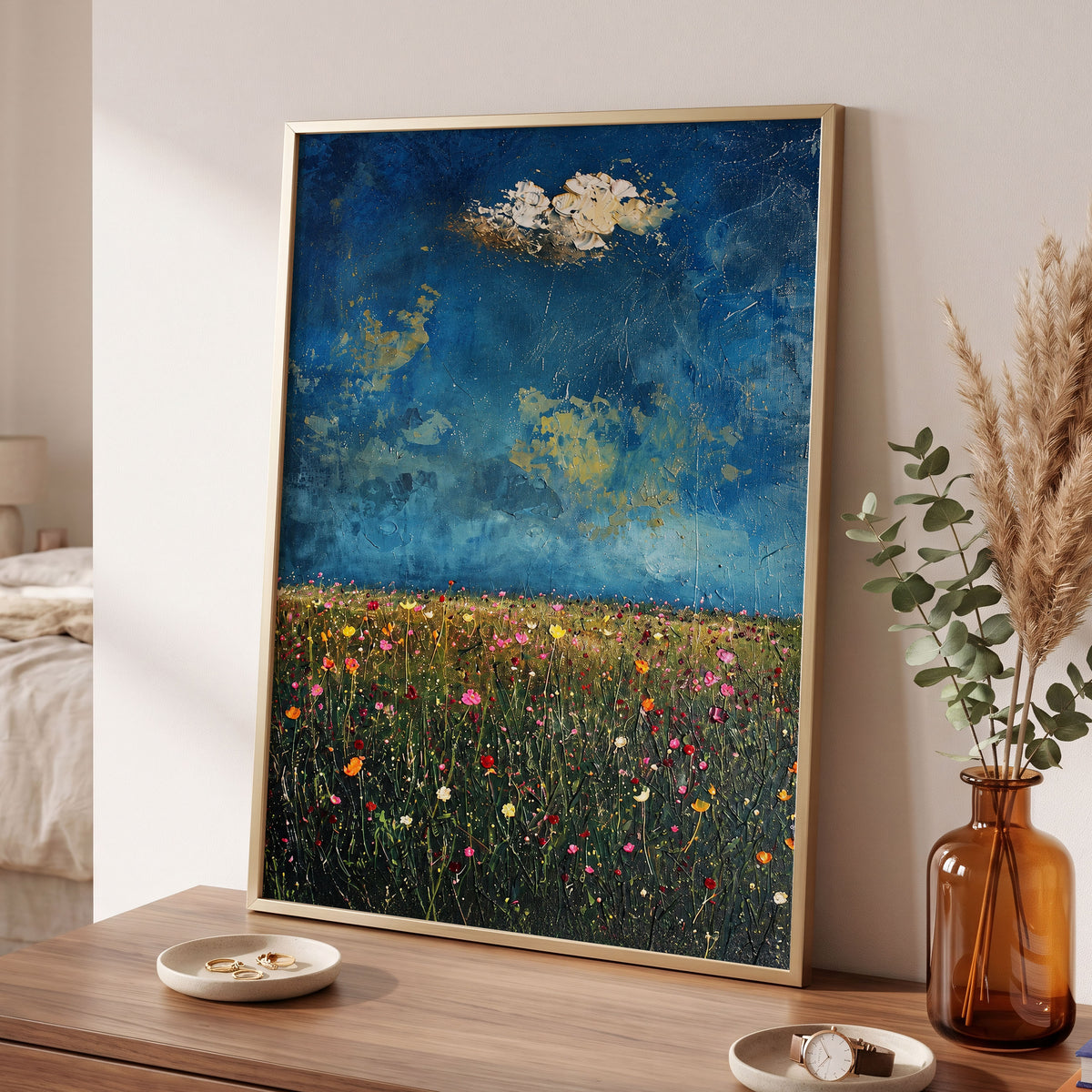 Blue Meadow Reverie, blue, green, pink floral wall art displayed in a styled interior, gallery view 9