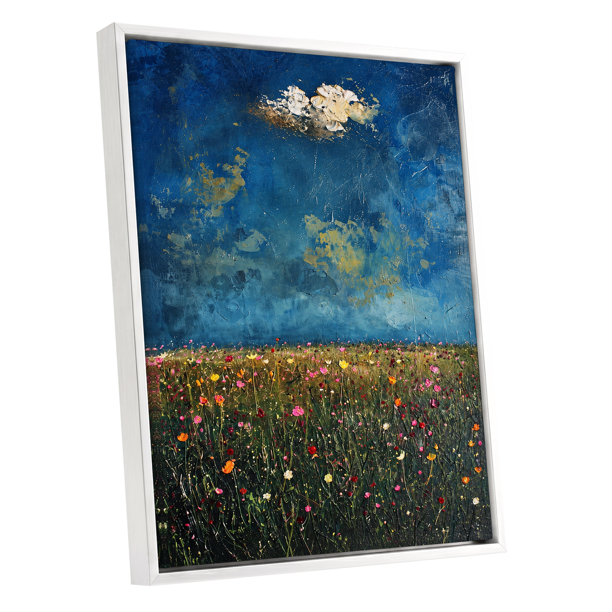Blue Meadow Reverie, blue, green, pink floral wall art shown as a white framed canvas wall art