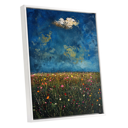 Blue Meadow Reverie, blue, green, pink floral wall art shown as a white framed canvas wall art