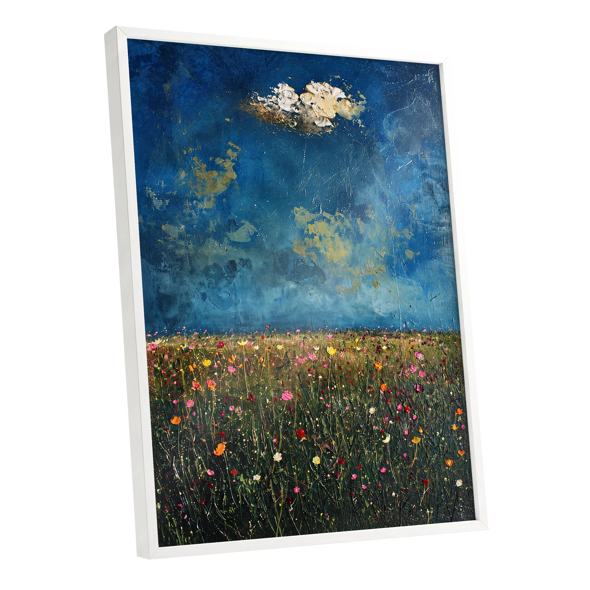 Blue Meadow Reverie, blue, green, pink floral wall art shown as a white framed poster wall art print