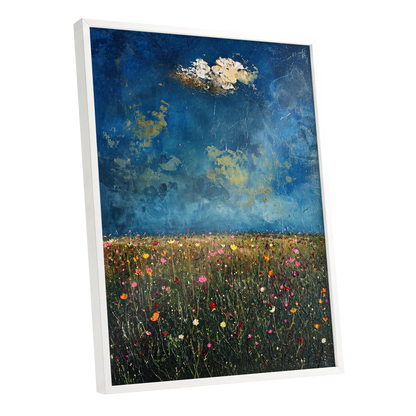 Blue Meadow Reverie, blue, green, pink floral wall art shown as a white framed poster wall art print