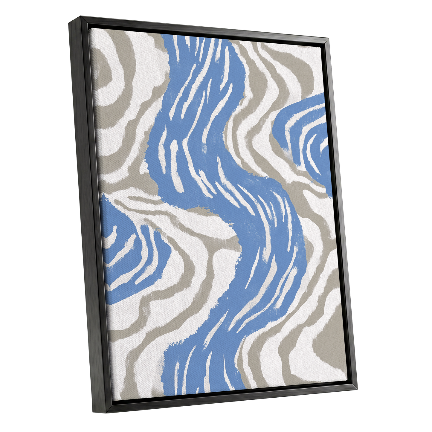 Blue Meander, blue, white, beige abstract wall art shown as a black framed canvas wall art