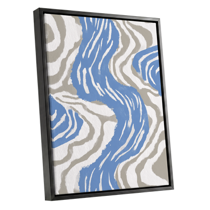 Blue Meander, blue, white, beige abstract wall art shown as a black framed canvas wall art