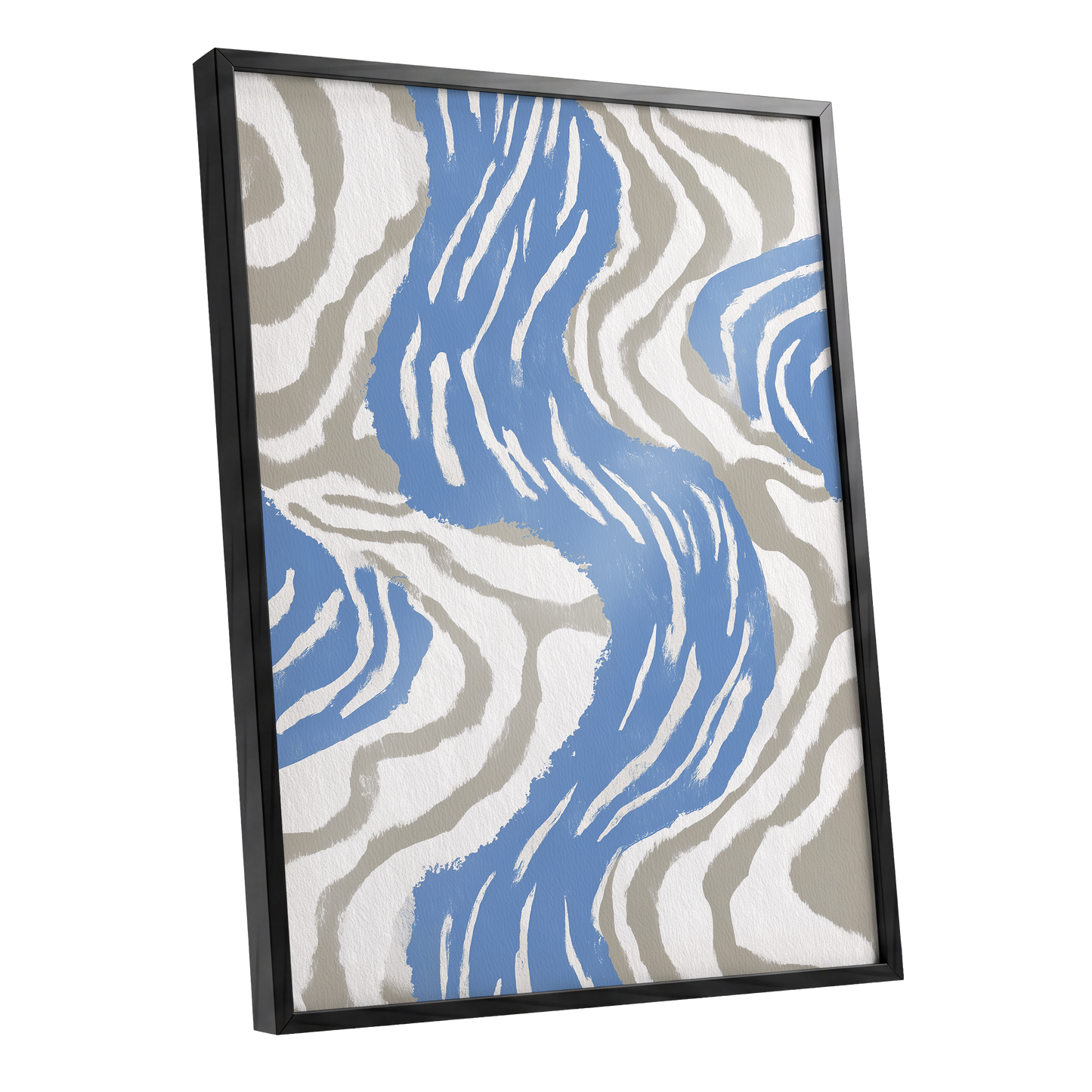 Blue Meander, blue, white, beige abstract wall art shown as a black framed poster wall art print
