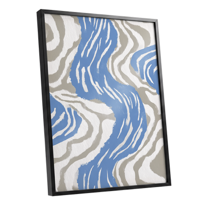 Blue Meander, blue, white, beige abstract wall art shown as a black framed poster wall art print