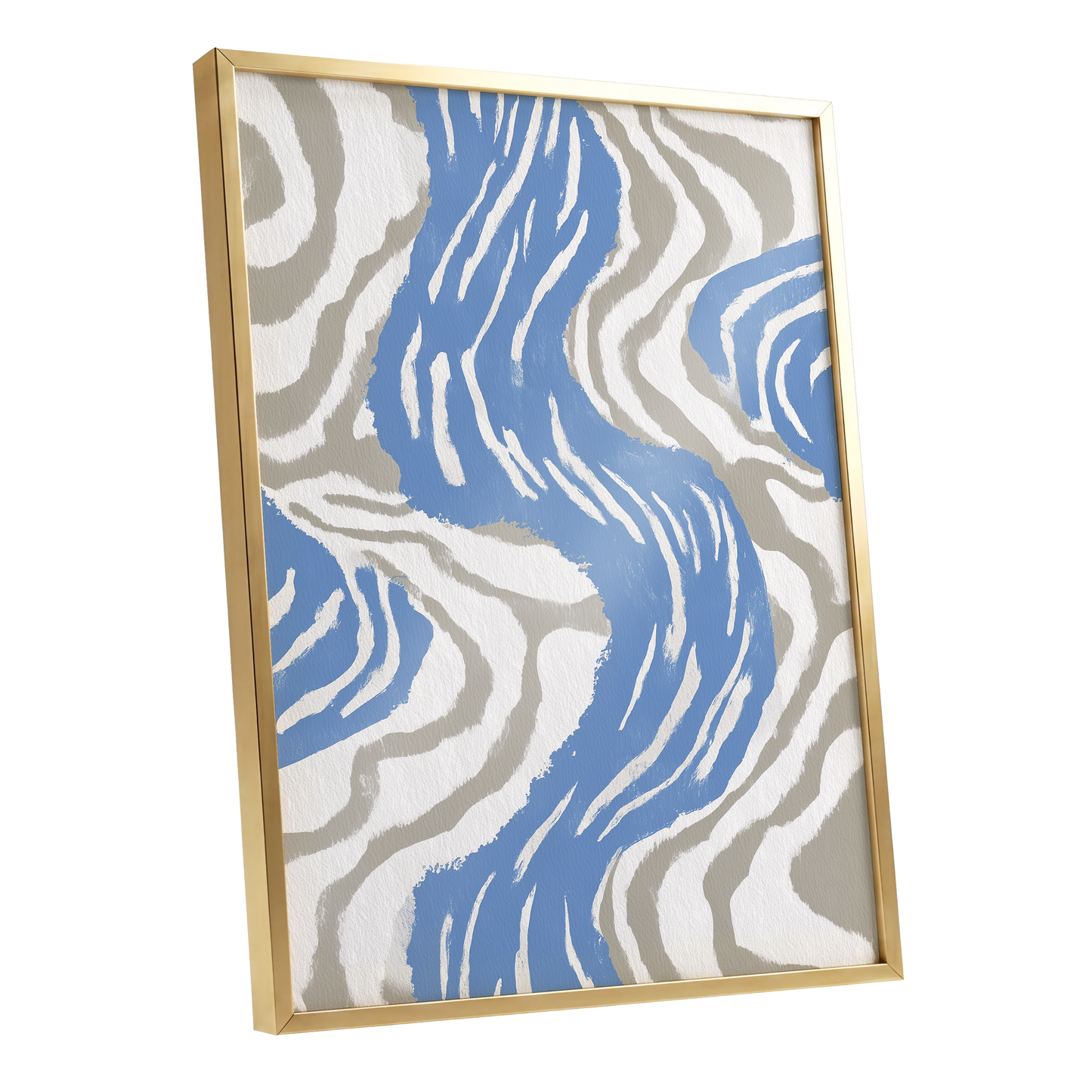 Blue Meander, blue, white, beige abstract wall art shown as a gold framed poster wall art print