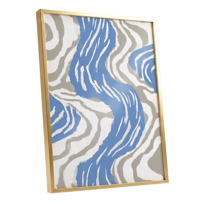 Blue Meander, blue, white, beige abstract wall art shown as a gold framed poster wall art print