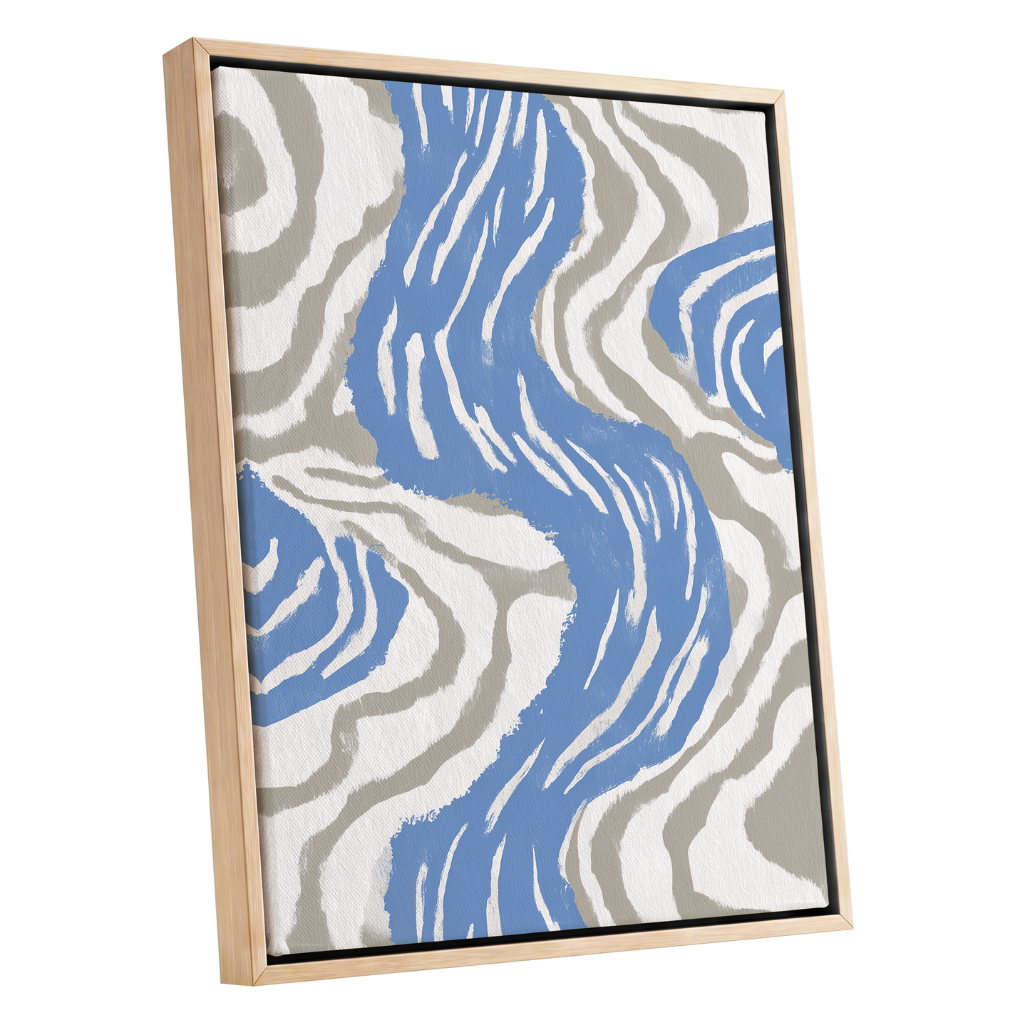 Blue Meander, blue, white, beige abstract wall art shown as a oak framed canvas wall art