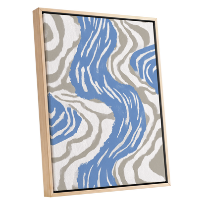 Blue Meander, blue, white, beige abstract wall art shown as a oak framed canvas wall art